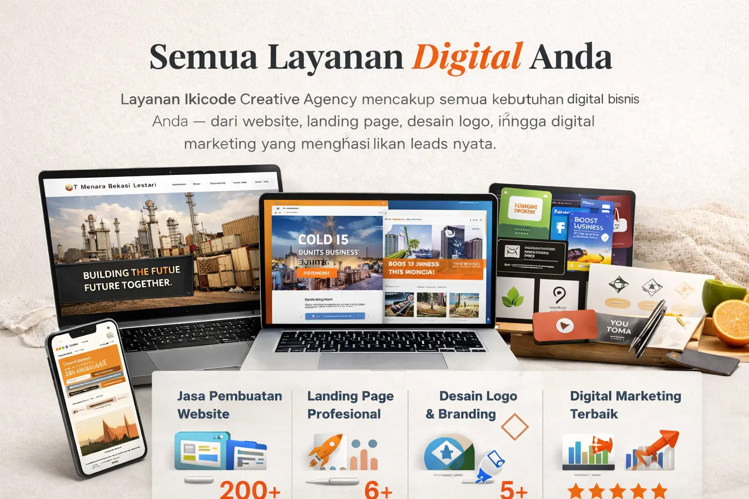 Layanan Ikicode Creative Agency jasa website landing page desain logo dan digital marketing Indonesia